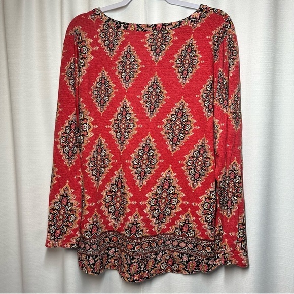 Style & Co Woman Blouse Top Plus 2X Boho Mixed Print Roll Tab Sleeves Red Hippie - Picture 8 of 10